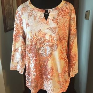 Chicos Dreaming Marakesh Top in Mixed Orange Paisley Animal Print Size 2 Large